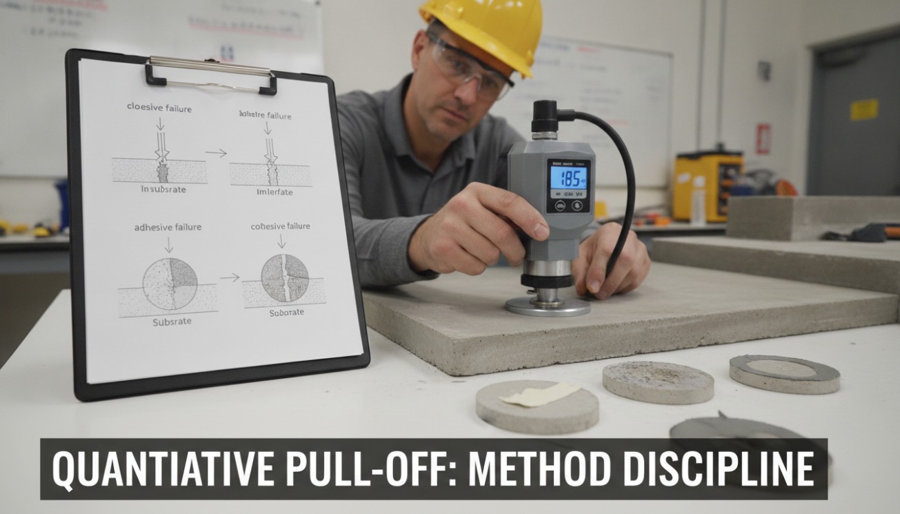 Technician using a pull-off tester on concrete while reviewing adhesive and substrate failure patterns.